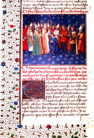 1179年、フランス王フィリップ2世オーギュストの戴冠式、1455-60年頃（細密画） 作： Jean Fouquet