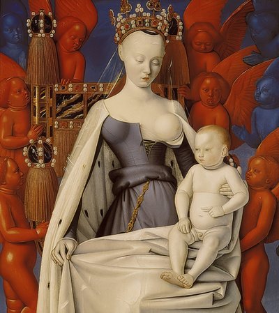 キリストの子供と一緒に即位したマドンナ。右翼、ムランからの二連祭壇画。 1450年頃 作： Jean Fouquet