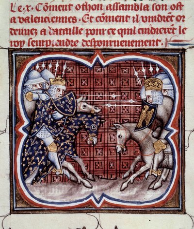 英仏戦争（1202年～1214年）：1214年7月27日、フィリップ・オーギュストのフランス軍とオトン4世のフランドルとウェルフの間で行われたBouvinesの戦い。フランス軍の勝利は、戦争の結果を決定的にするものでした。ミニチュア「フランス大年代記」より b 作： Jean Fouquet