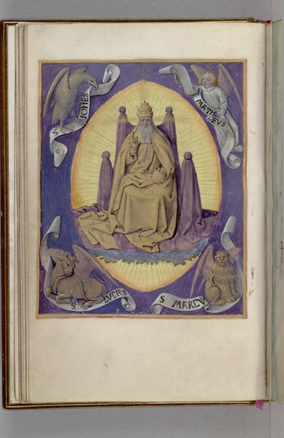 四隅に4人の伝道者のシンボルが描かれた父なる神。時の書、1450-1499 作： Jean Fouquet