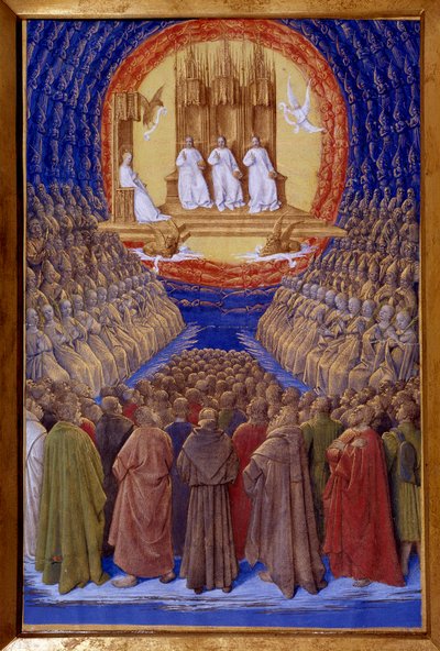 ジャン・フーケ(1420-1481)の「エティエンヌ・シュヴァリエの時間」に描かれた三位一体と聖人の参与権のミニチュア 作： Jean Fouquet