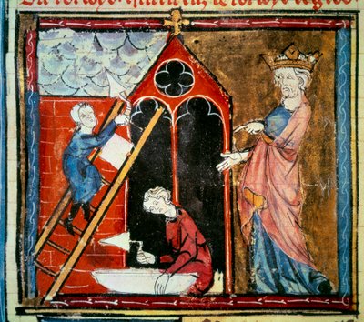 建築物の建設を監督するルイ・ヴィ・ル・グロ（1081～1137年）。ジャン・フーケ（1420-1481）の「フランスの偉大な作品」のミニチュア 作： Jean Fouquet