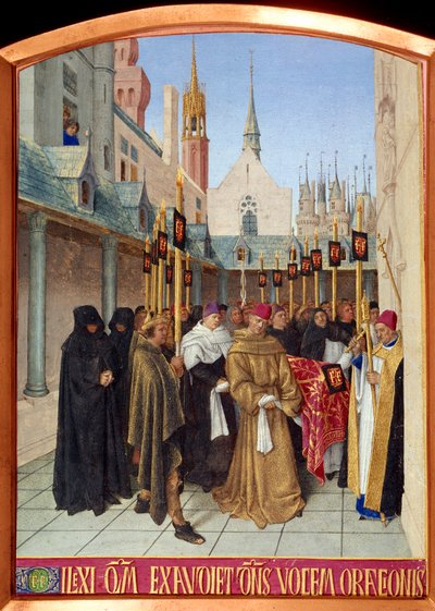 ジャン・フーケ（1420-1481）作「エティエンヌ・シュヴァリエの休日」のミニチュア葬儀シーン 作： Jean Fouquet