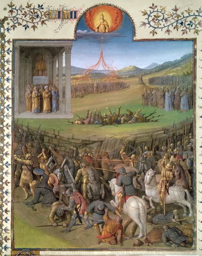 Fr 247 f.70カナン人へのヘブライ人の戦いとコラと反逆者の懲罰、「古代ユダヤ人」からの挿絵、1470年頃 作： Jean Fouquet