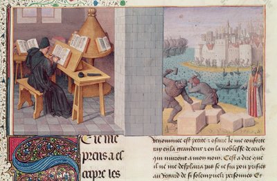 Ms.fr.273 fol.7 Livy（59 BC-AD 17）執筆とローマの基礎、ピエールベルスィール訳の「ローマ人民の年代記」c.1475 作： Jean Fouquet