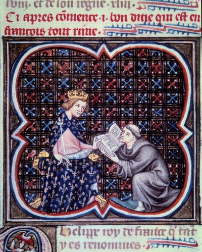 フィリップ3世（1245-1285）にフランスの大年代記のテキストを提示する司祭。ジャン・フーケ（1420年〜1481年）の写本「フランス大年代記」のミニチュア。パリB N 作： Jean Fouquet