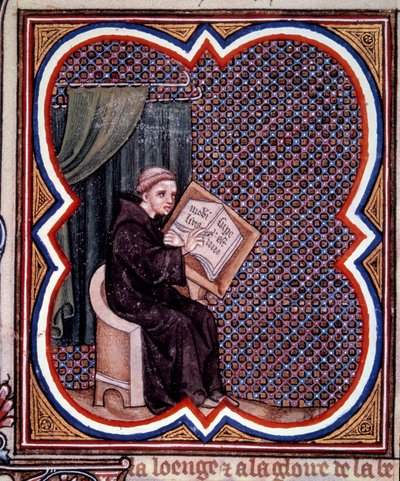 サン・ドニ修道院でフランスの大年代記を執筆する司祭。ジャン・フーケ（1420年〜1481年）の手稿「フランス大年代記」のミニチュア。パリ、B N 作： Jean Fouquet