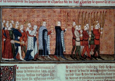 王妃ジャンヌ・デヴルーが運ぶシャルル6世（1368-1422）の洗礼の際の行列 ミニチュア ジャン・フーケ（1420-1481）の「Les grandes chronicles de France」より Paris, B.N. 作： Jean Fouquet