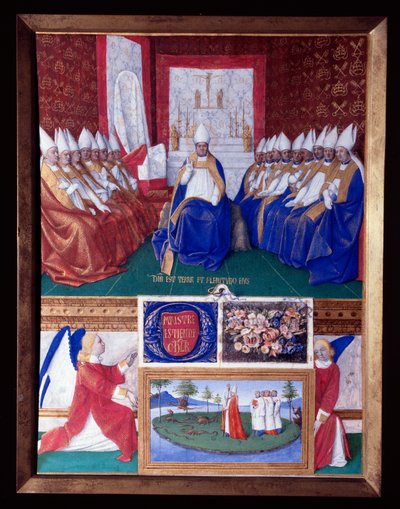 サン・ヒレール Saint Hilaire (401-449) 445-445年頃に教皇レオン1世が招集した公会議へ ミニチュアはジャン・フーケ Jean Fouquet (1420-1477/1481)の「エティエンヌ・シュヴァリエの時祷書」からの引用。 作： Jean Fouquet