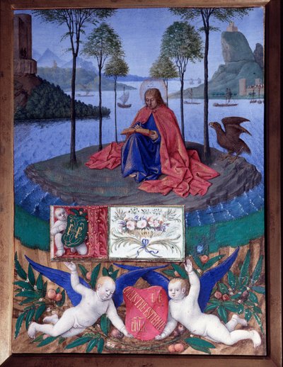 パトモス島の聖ヨハネ ジャン・フーケ（1420-1481）の「エティエンヌ・シュヴァリエの生涯」のミニチュア 作： Jean Fouquet