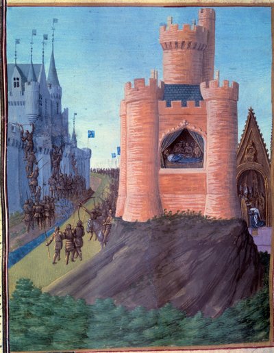 アヴィニョンの包囲（1226年）。ルイ8世の死。サン・ルイの戴冠式（ルイ9世）。ジャン・フーケの「フランス大年代記」（251v）のミニチュア 作： Jean Fouquet