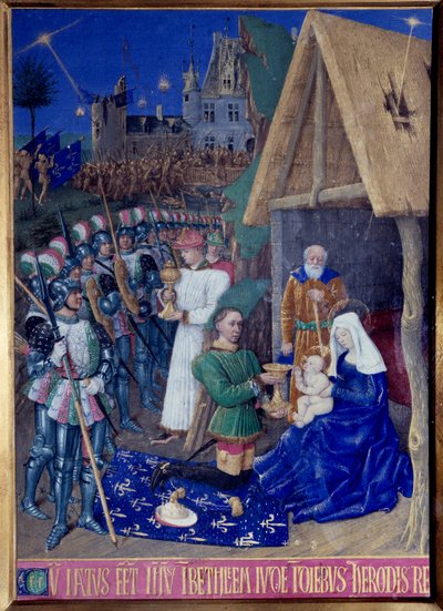 ジャン・フーケ（1420-1477/1481）の「エティエンヌ・シュヴァリエの時祷書」から引用された「マギの崇拝」のミニチュア。 作： Jean Fouquet