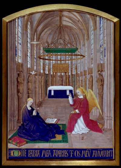 ジャン・フーケ（1420-1477/1481）の『エティエンヌ・シュヴァリエの時祷書』からの受胎告知のミニチュア。 作： Jean Fouquet