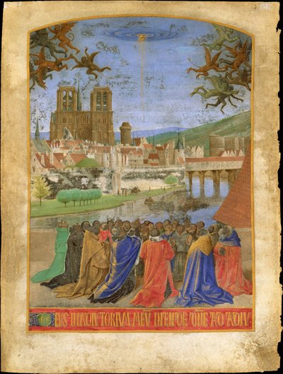 悪魔から忠実な者を守る神の右手、1452-1460年（羊皮紙のテンペラと金箔） 作： Jean Fouquet