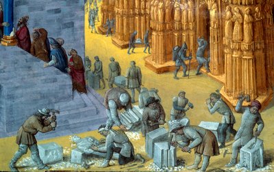 ソロモン王によるエルサレム神殿の建設 石切職人を表すディテールジャン・フーケ（1425-1481）が絵を描いたジョセフス・フラヴィウス（ジュゼッペ・フラヴィオ、フラヴィウス・ジョゼフ）（37-100）の写本『ユダヤ古代史』のミニチュア。 作： Jean Fouquet