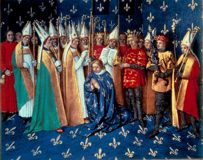 1179年1月11日、ランスで行われたフィリップ・オーギュストの戴冠式。15世紀、ジャン・フーケ（1420-1481）による「サン・ドニの年代記」のミニチュア。パリ、B.N. 作： Jean Fouquet