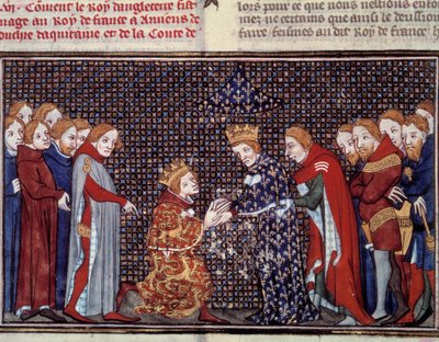 1330年、イングランド王エドワード3世（1312-1377）が、フランス王フィリップ6世（1294-1350）に捧げた貢ぎ物。ジャン・フーケ（1420-1481）の「フランス大年代記」のミニチュア 作： Jean Fouquet