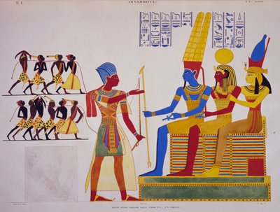 トライアドの前のラムセス2世、エジプトとヌビアのモニュメントからのアブシンベルの大ホールの東壁のフレスコ画 作： Jean Francois Champollion