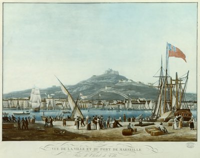 市庁舎からのマルセイユの町と港の眺め、1815〜30年頃（アクアチント） 作： Jean Francois Garneray