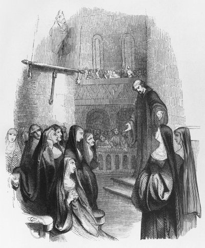 パラクレテでのアベラールの説教、「レットレス・デ・ヘロワーズとアベラール」のイラスト、1839年（彫刻）（bw写真） 作： Jean Francois Gigoux
