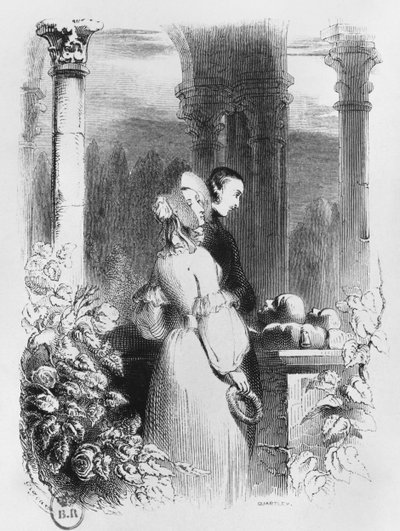 ジョン・クォートリー（fl.1835-67）1839によって彫刻された、「レオターズ・ド・ヘロワーズとアベラール」のイラストである、ヘロワーズとアベラールの墓を訪問 作： Jean Francois Gigoux
