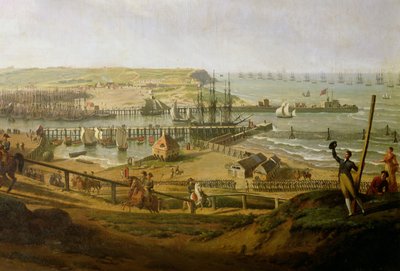 1804年7月にナポレオンがブローニュのキャンプを訪問、1806年の港の詳細 作： Jean Francois Hue