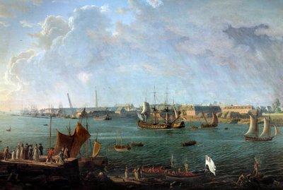 18世紀のロリアンの港の風景 ジャン・フランソワ・ヒュー（1751-1823）の絵画の詳細 パリ、海洋博物館 作： Jean Francois Hue
