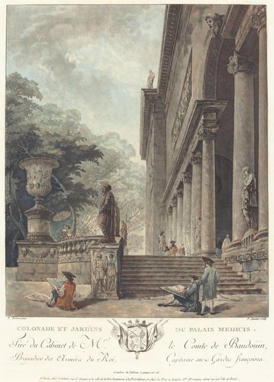メディチ家宮殿の列柱と庭園、c. 1776年 作： Jean Francois Janinet