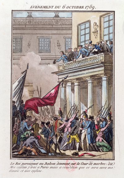 1789年10月6日にベルサイユのバルコニーに現れたルイ16世は、妻と家族が一緒に旅行することを条件にパリに行くことをパリの暴徒に告げる 作： Jean Francois Janinet