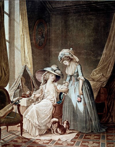 難しい告白。女主人の話を聞く召使。ジャン・フランソワ・ジャニネ（1752-1814）の版画 作： Jean Francois Janinet