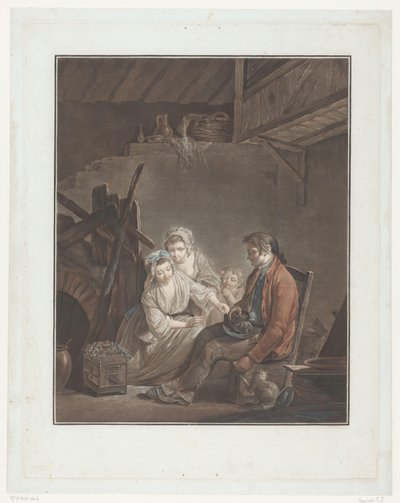 2 人の女性と鳥を隠している男性と子供 ロワゾー一等兵 作： Jean Francois Janinet