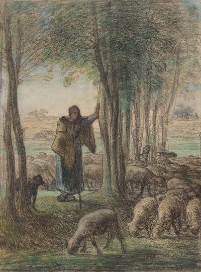 木陰での羊飼いと彼女の群れ、1854-55年（敷設紙にクレヨンとパステル） 作： Jean Francois Millet