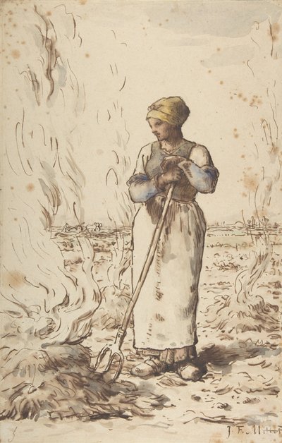 雑草を燃やす女、1830-75 作： Jean Francois Millet
