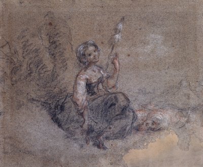 若い羊飼いの紡績（紙に赤と白のチョークと木炭） 作： Jean Francois Millet