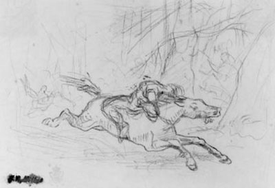 森の中の野生の馬に乗った後姿の男。 サイモン・バトラー 作： Jean Francois Millet