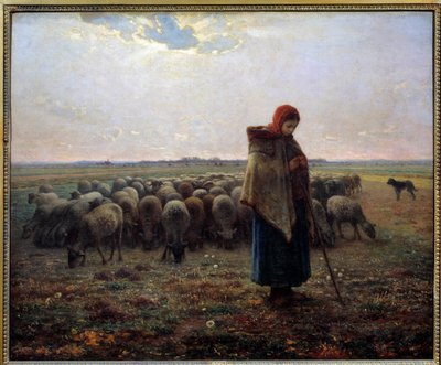 ベルジェと大いなる羊飼いと呼ばれる羊たち。ジャン・フランソワ・ミレー（1814-1875）の絵 作： Jean Francois Millet