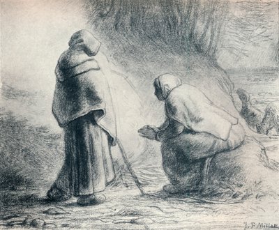 Bergeres Se Chauffant、羊飼いの火、19世紀 作： Jean Francois Millet