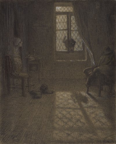Le chatまたはThe Cat at the Window、1857-58（コンテクレヨンとパステル、切り株とブレンディング付き、織り紙に固定） 作： Jean Francois Millet