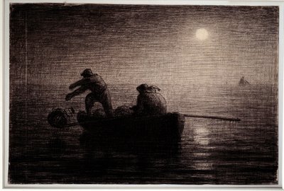 ロブスター漁師が粘土を投げる、夜の効果 ジャン・フランソワ・ミレー（1814-1875）の黒い鉛筆画、1856-1858年頃。薄暗い。0.32 x 0.49 m Paris.オルセー美術館 作： Jean Francois Millet