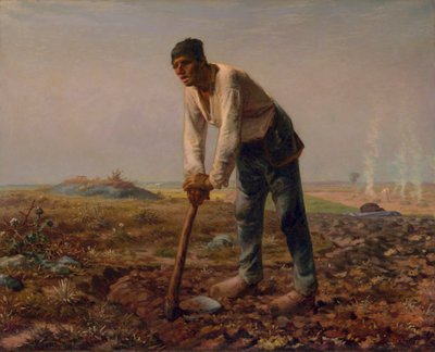 鍬に寄り添う男、c.1860-62（帆布に油彩） 作： Jean Francois Millet
