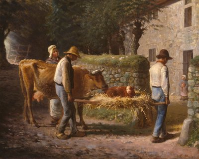 野原で生まれた子牛を連れ帰る農民たち 作： Jean Francois Millet