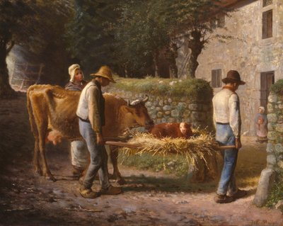 畑で生まれた子牛を持ち帰る農民たち（1864年 作： Jean Francois Millet