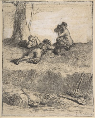 昼食時の路上労働者、1850年〜52年（ガッシュ添えのクレヨン、敷き紙） 作： Jean Francois Millet