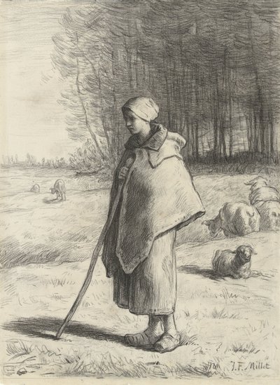 棒にもたれかかる羊飼い 作： Jean Francois Millet