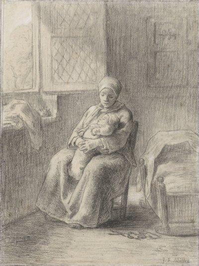 窓際の赤ん坊を持つ着席女性、1824-75年（紙にチョーク） 作： Jean Francois Millet