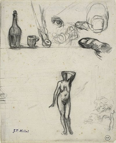 スケッチのシート: 立っている女性の裸体、木、静物画、指と目 作： Jean Francois Millet