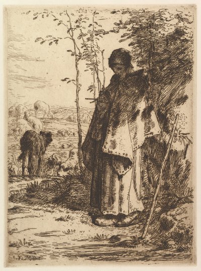 羊飼いの編み物、1862 年。 作： Jean Francois Millet