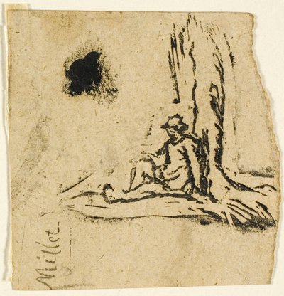 スケッチ、断片: 木の根元に座る農民 作： Jean Francois Millet
