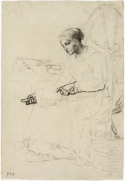 ウール・カーダー (直腸); フェンスのそばに立つ男性の断片的なスケッチ (裏面) 作： Jean Francois Millet