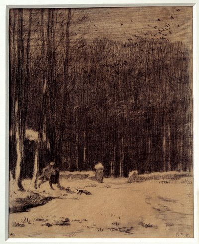 バルビゾンの森への入り口、雪の効果 ジャン・フランソワ・ミレー（1814-1875）による黒鉛筆画 薄暗い。0.28 x 0.22 m Paris.オルセー美術館 作： Jean Francois Millet